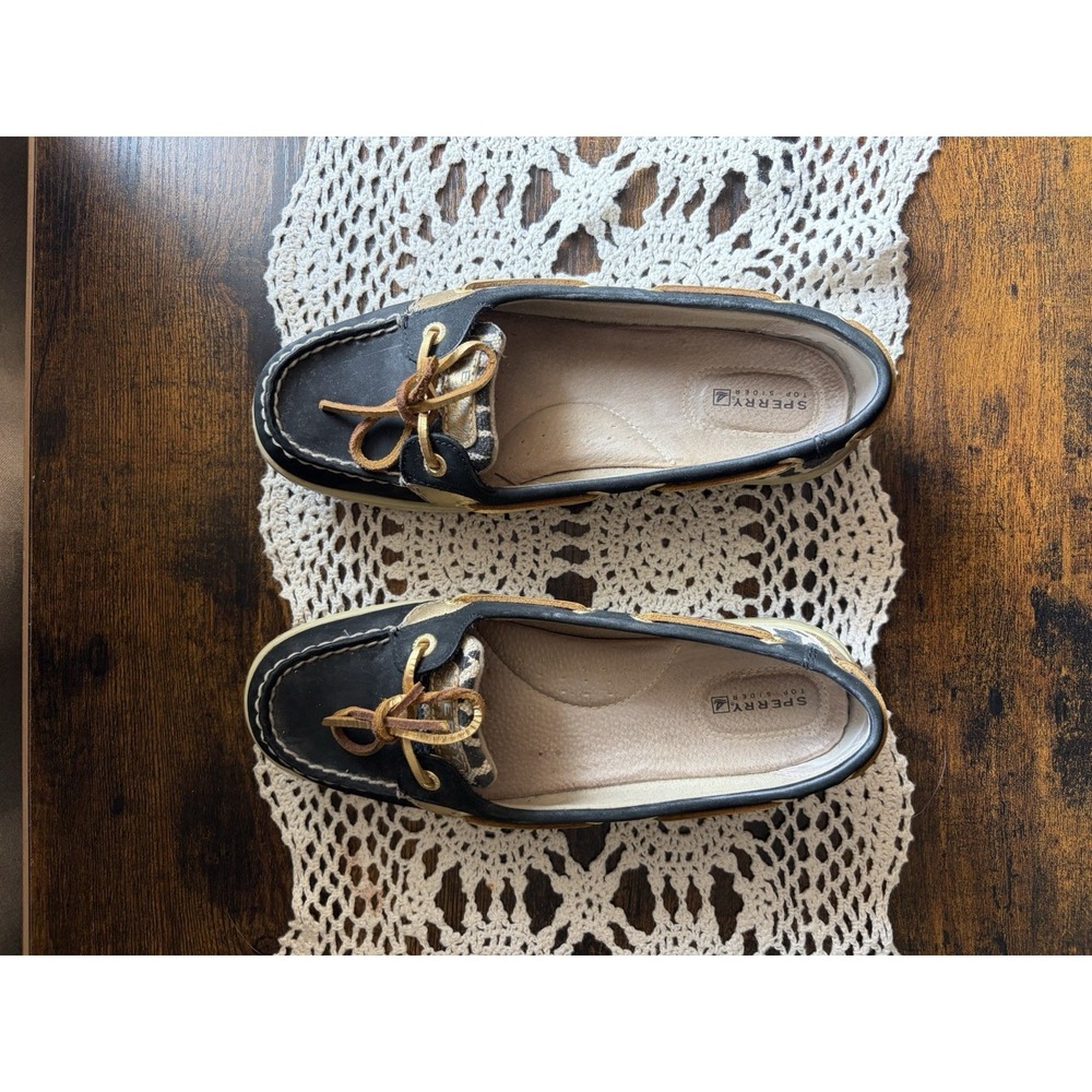 Sperry Top-Sider Women's Animal Print Boat Shoes Black Gold Leather Size 9